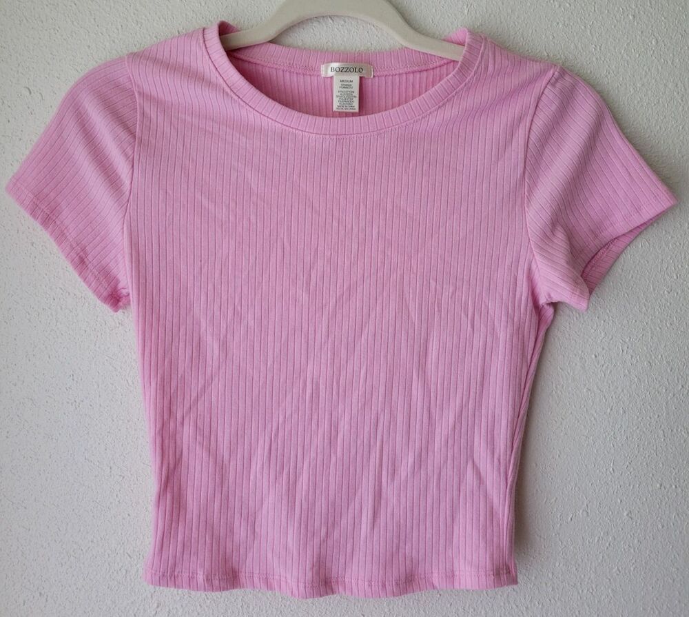 Pink Ribbed Baby Tee Short Sleeve Fitted Stretch Y2K Women's Medium Crew Neck